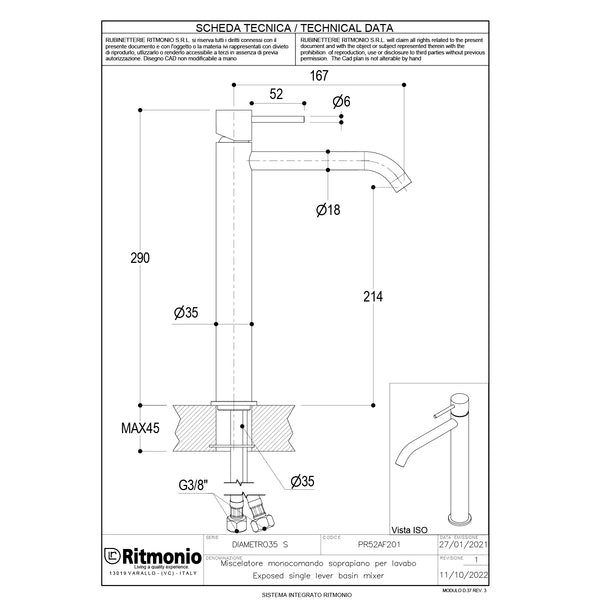 Ritmonio Diametro35-S Wastafelkraan hoog voor waskom 167mm zonder waste PR52AF201