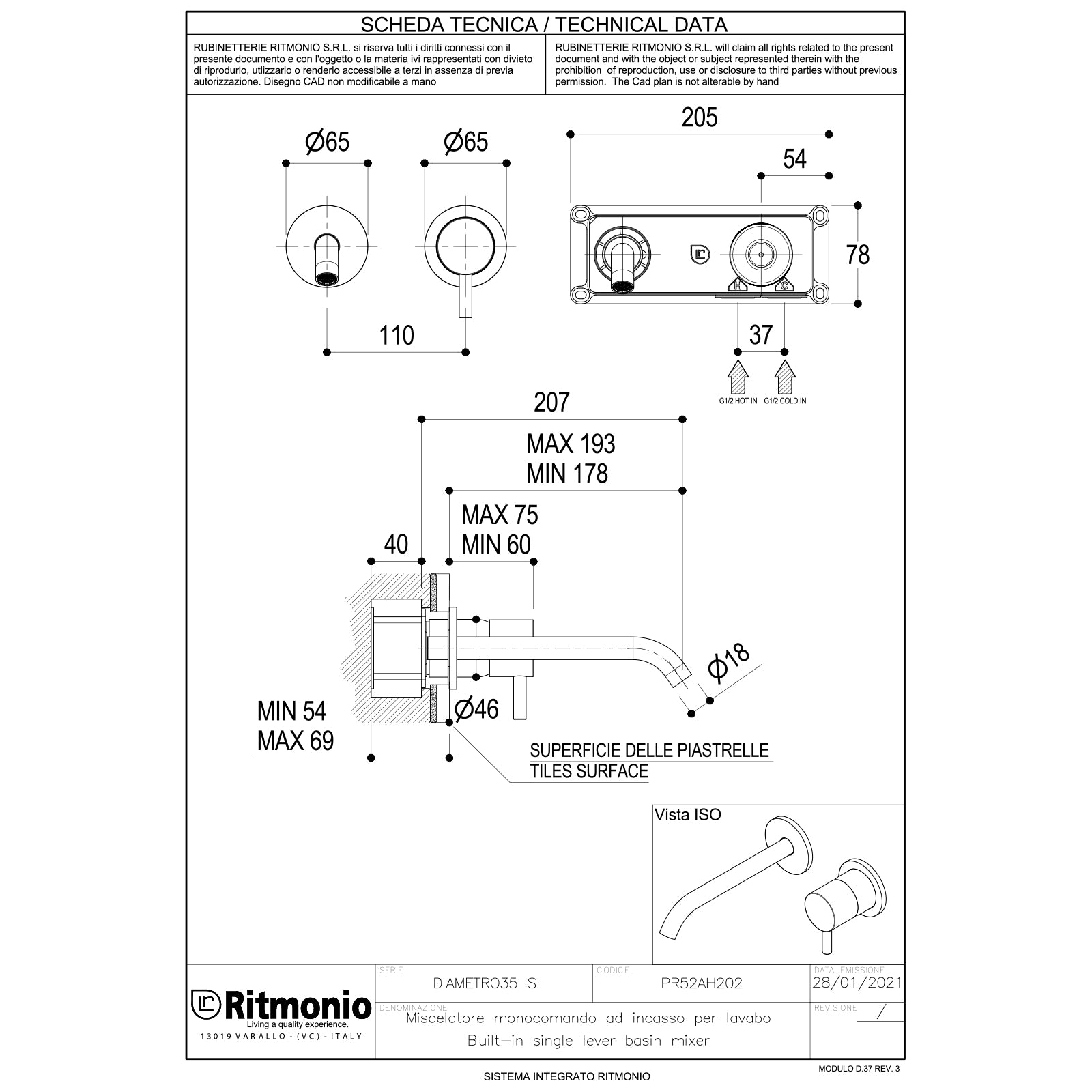 Ritmonio Diametro35-S Afb. deel Wastafelkraan met rozetten gebogen uitloop 136/196mm