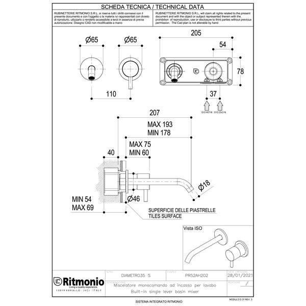 Ritmonio Diametro35-S Afb. deel Wastafelkraan met rozetten gebogen uitloop 136/196mm