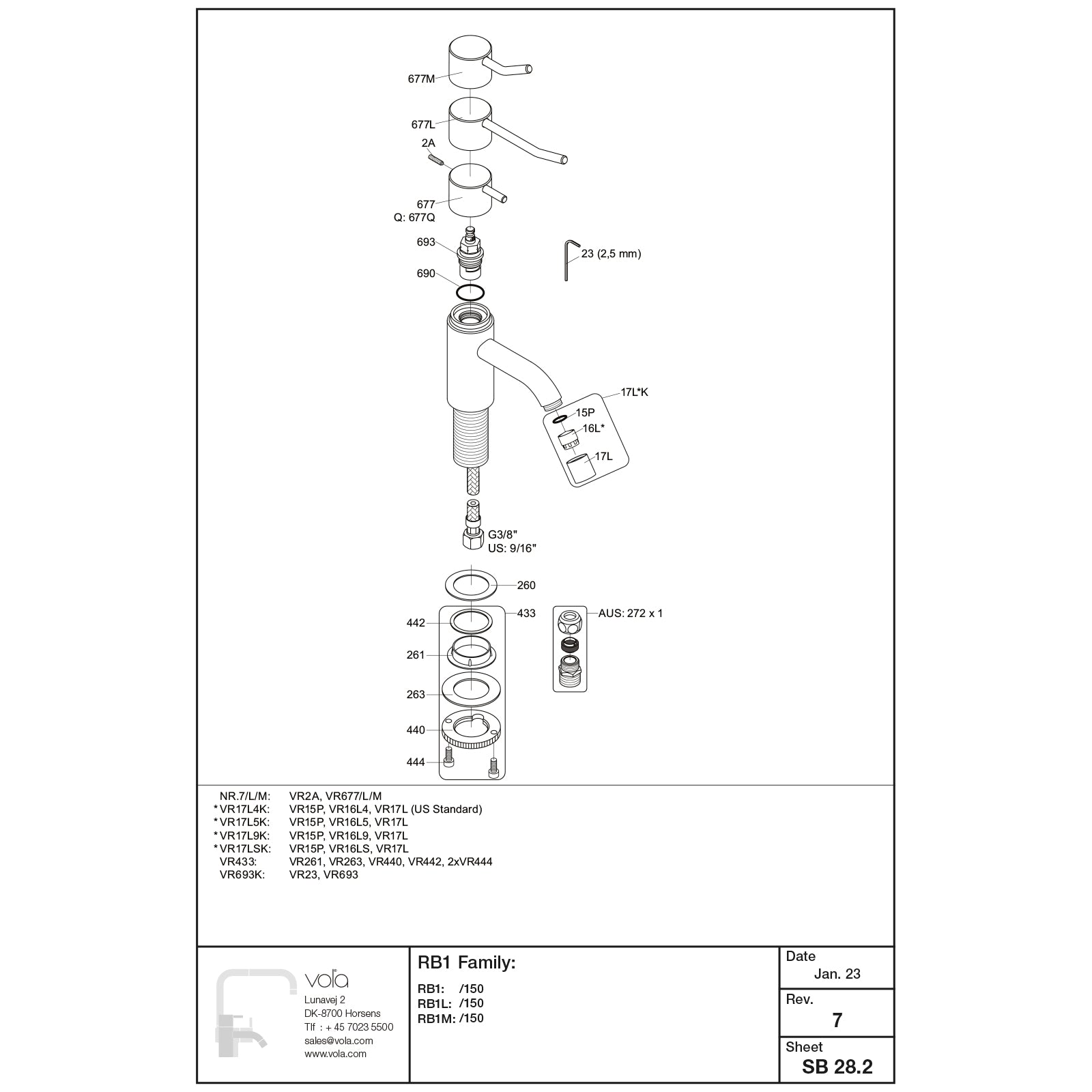 VOLA 1-gats fonteinkraan (alleen koud water) na 01/2023 Art. RB1