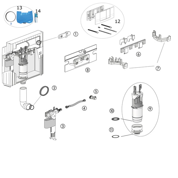 Sanit onderdelen inbouw reservoir F102, F106, F500 en F502 grote opening na 09/2007
