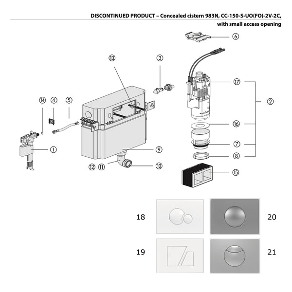 Sanit onderdelen inbouw reservoir 983N CC-150-S-UO(FO)-2V-2C kleine opening (paneel 153x207)