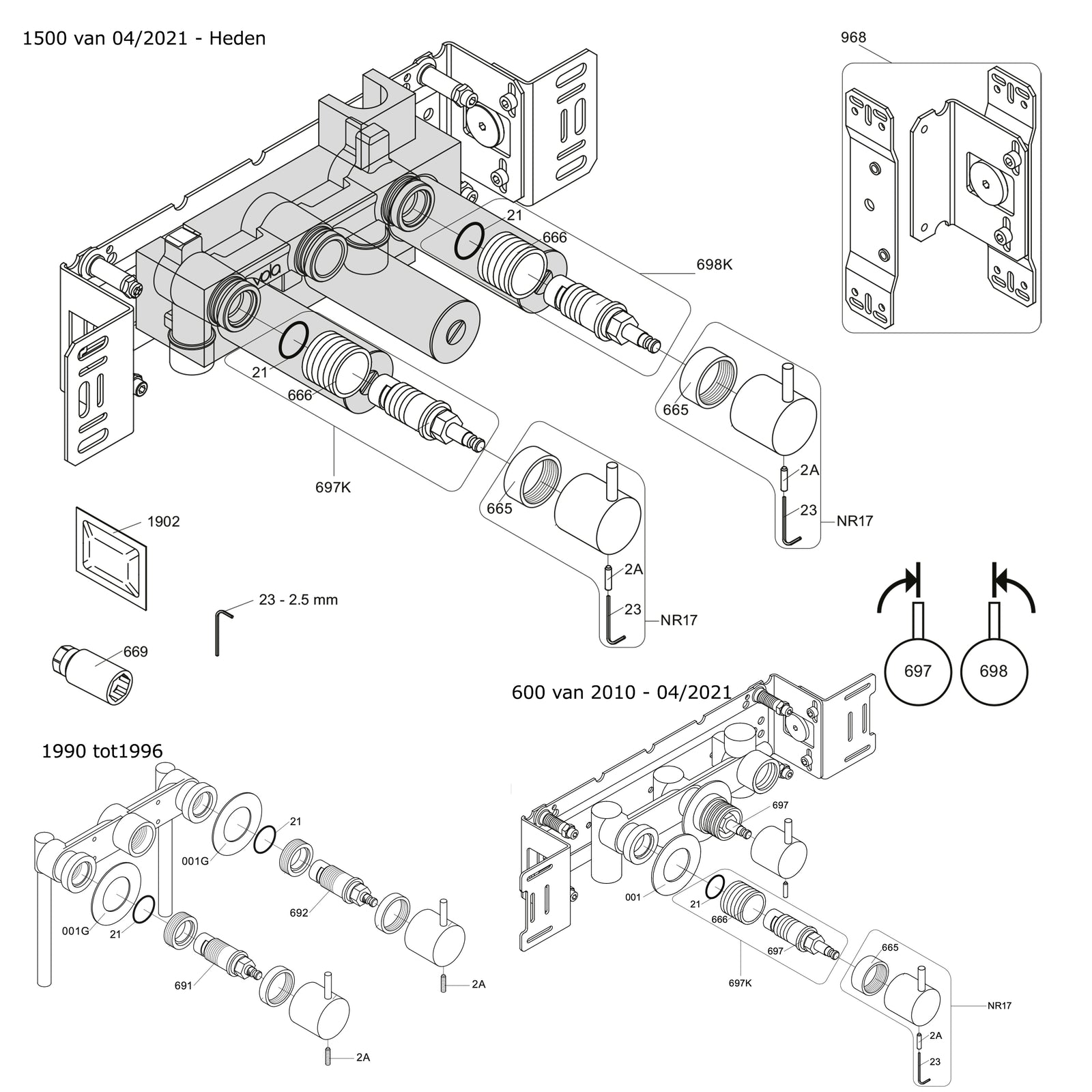 Vola Onderdelen 2-greep (duoknop) kraan 1500-600 bj 1990-heden