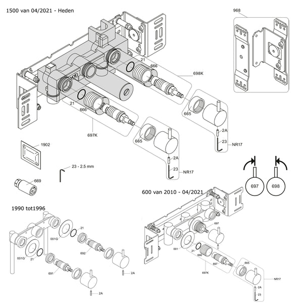 Vola Onderdelen 2-greep (duoknop) kraan 1500-600 bj 1990-heden