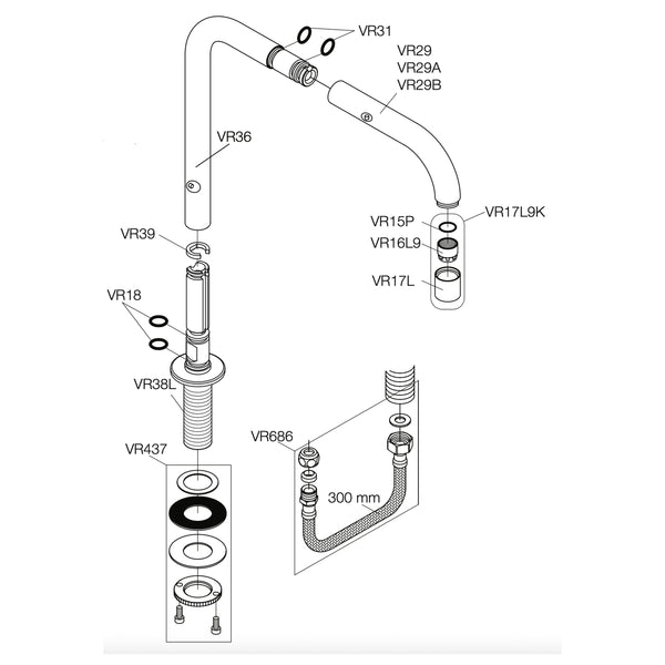 VOLA double swivel spout for table mounting H-210 S-200mm Ø19 mm 090