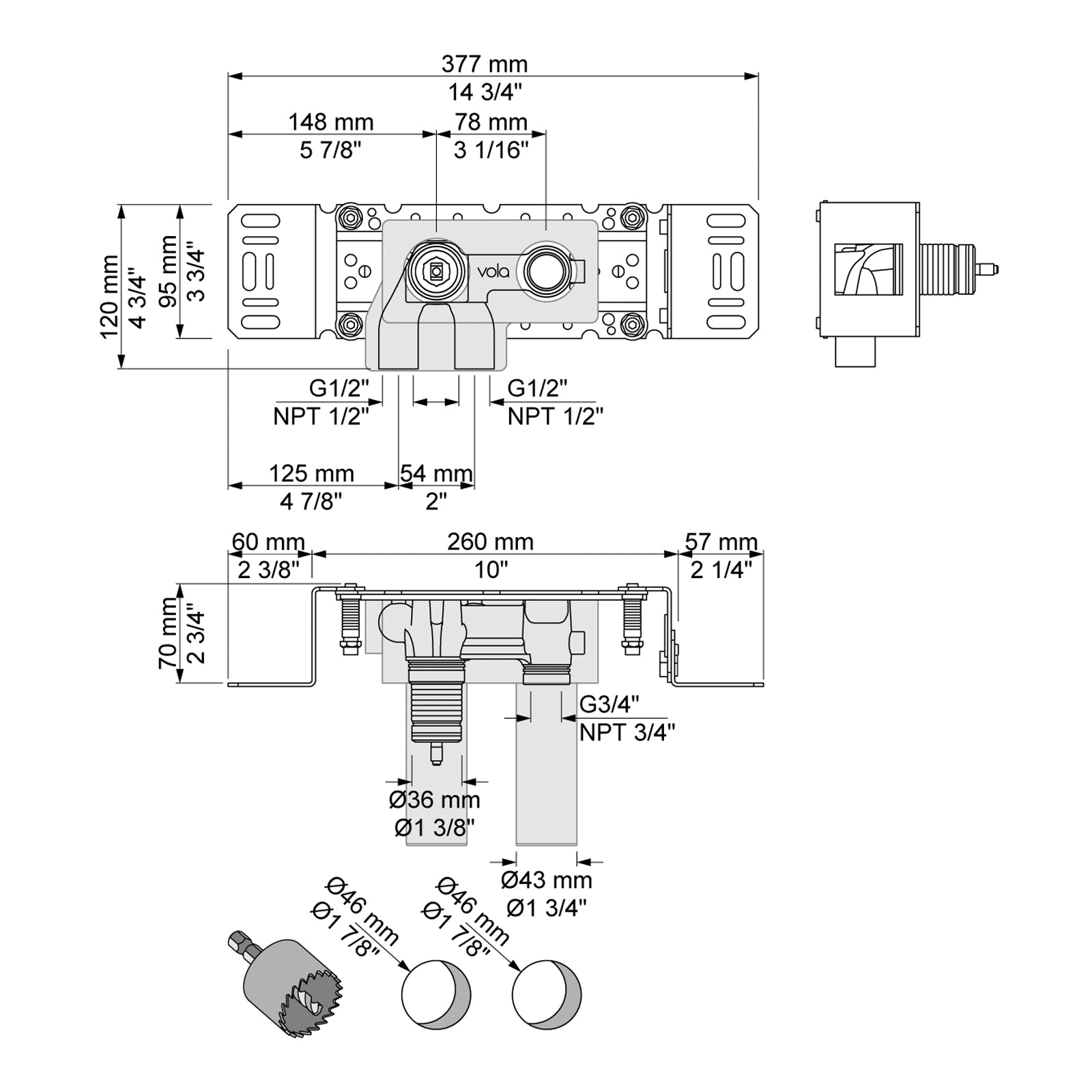 Vola Monoknop inbouwdeel met vast aansluithuis.1/2 aansluiting voor koperen stalen ijzeren of PEX-leidingen. Artikelnummer 100
