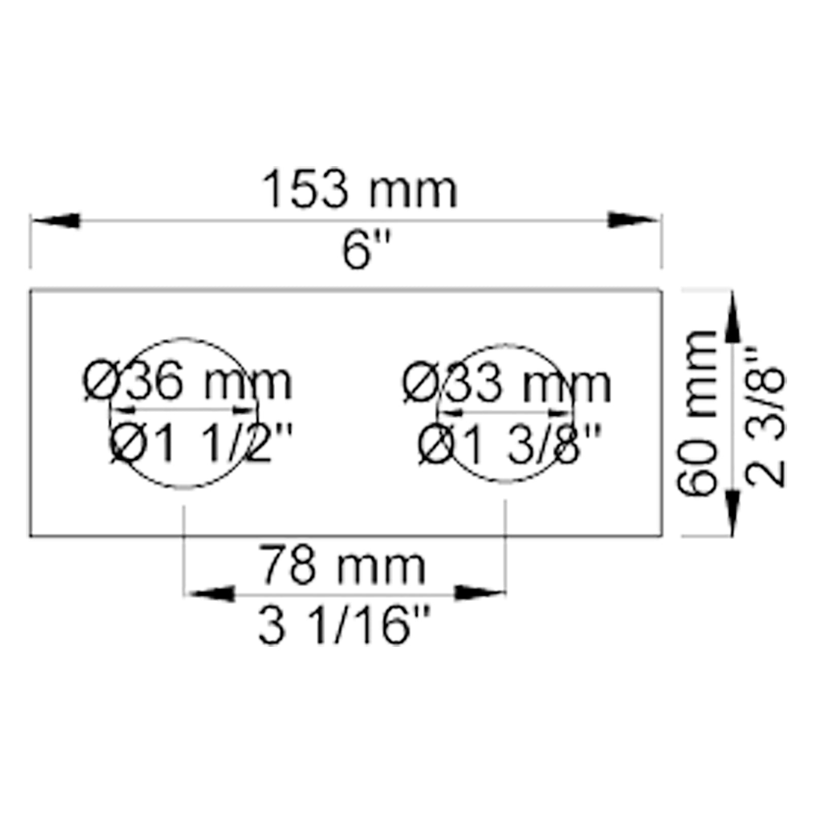 VOLA Afdekplaat 2-gats 153 x 60, gaten Ø36 mm en Ø33/Ø30  mm VR1045 / 3002