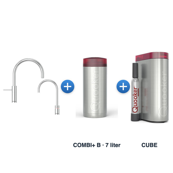 Quooker Nordic TwinTaps Round Chroom + TwinTaps-mengkraan met COMBI+ B-reservoir en CUBE