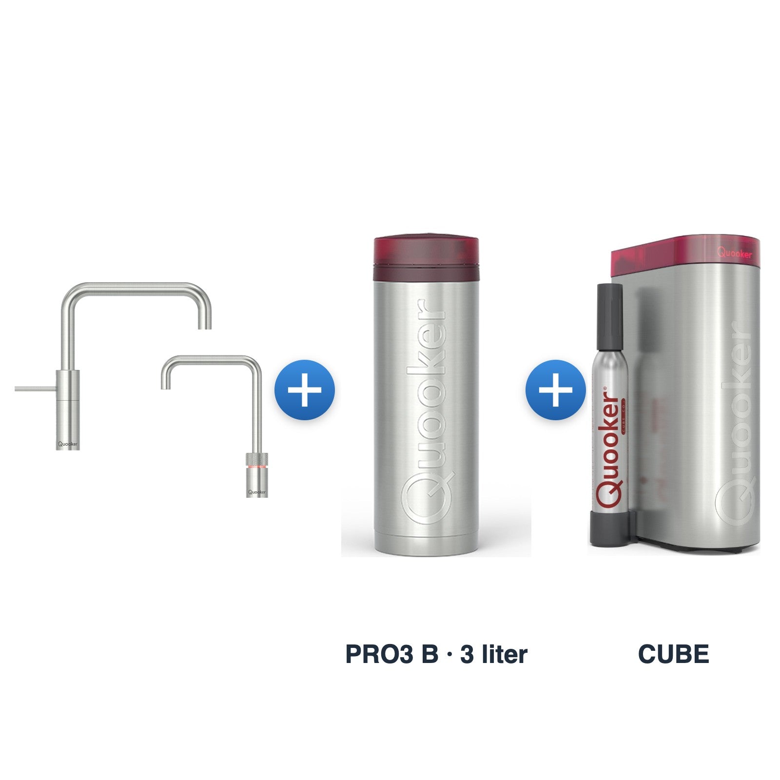 Quooker Nordic TwinTaps Square RVS + TwinTaps-mengkraan met PRO3 B-reservoir en CUBE