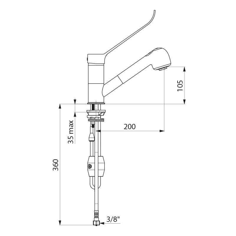 Delabie Mechanische ergonomische mengkraan met uittrekbare sproeier Draaibare uitloop H. 100 L.200 Chroom