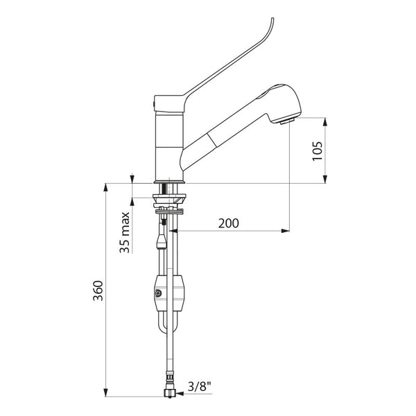 Delabie Mechanische ergonomische mengkraan met uittrekbare sproeier Draaibare uitloop H. 100 L.200 Chroom
