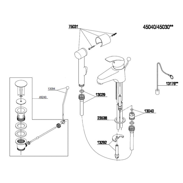 Damixa Parts Eclipse Washbasin tap with side shower 45040.00 / 45030.00