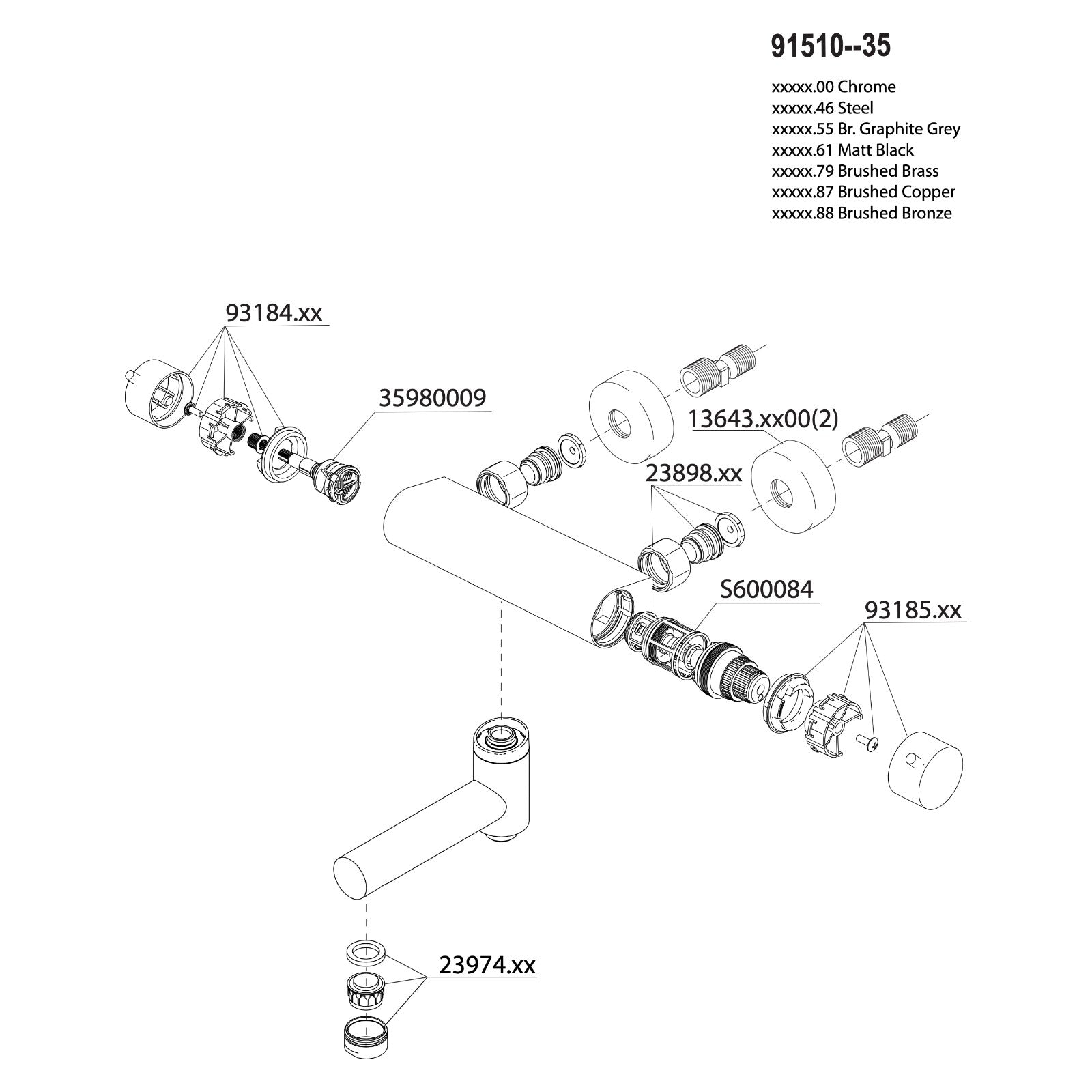 Onderdelentekening Damixa Iris thermostatische douchemengkraan met draaibare uitloop 91510