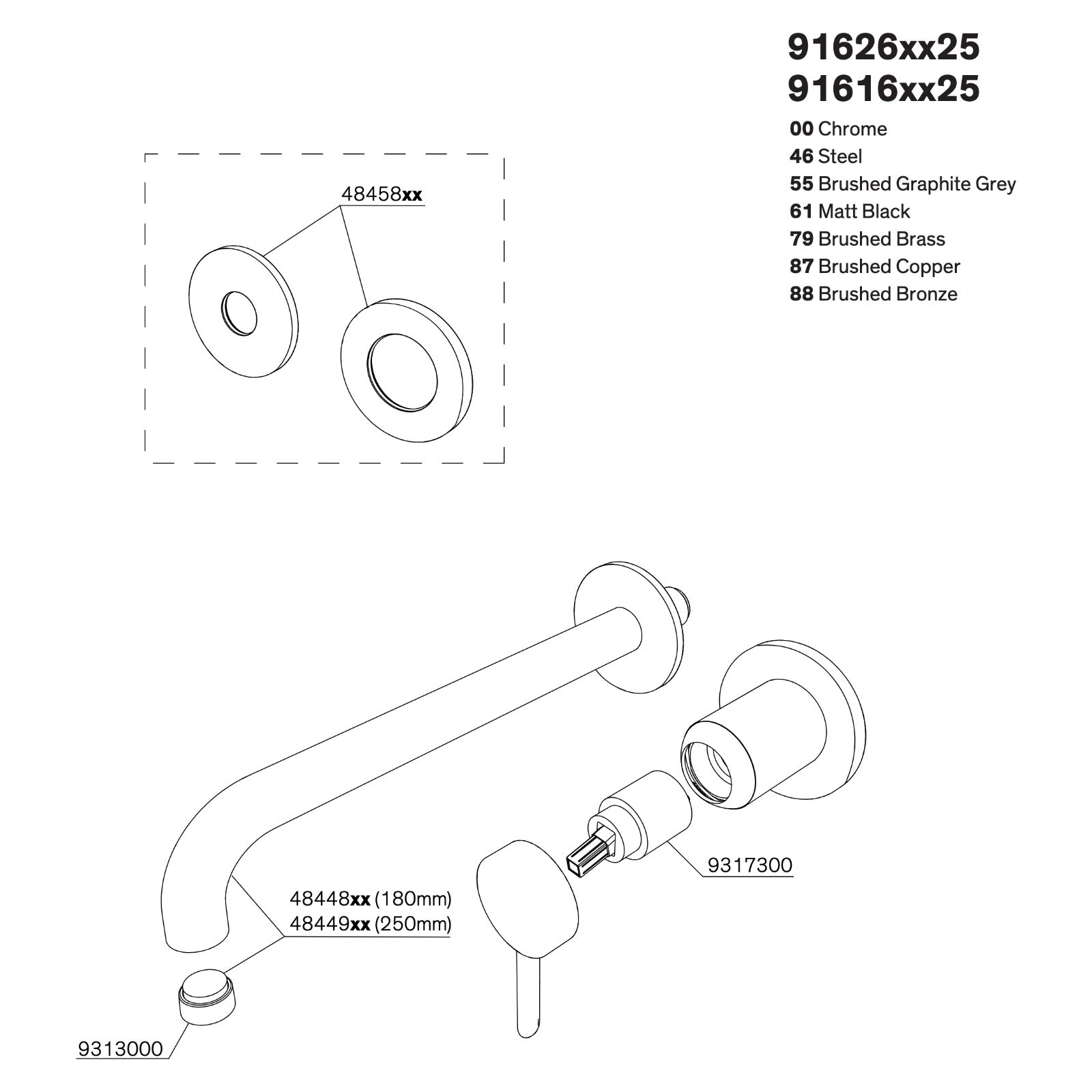 Onderdelentekening Damixa Iris afbouwset wandmengkraan 180 en 250 mm 91616 / 91626