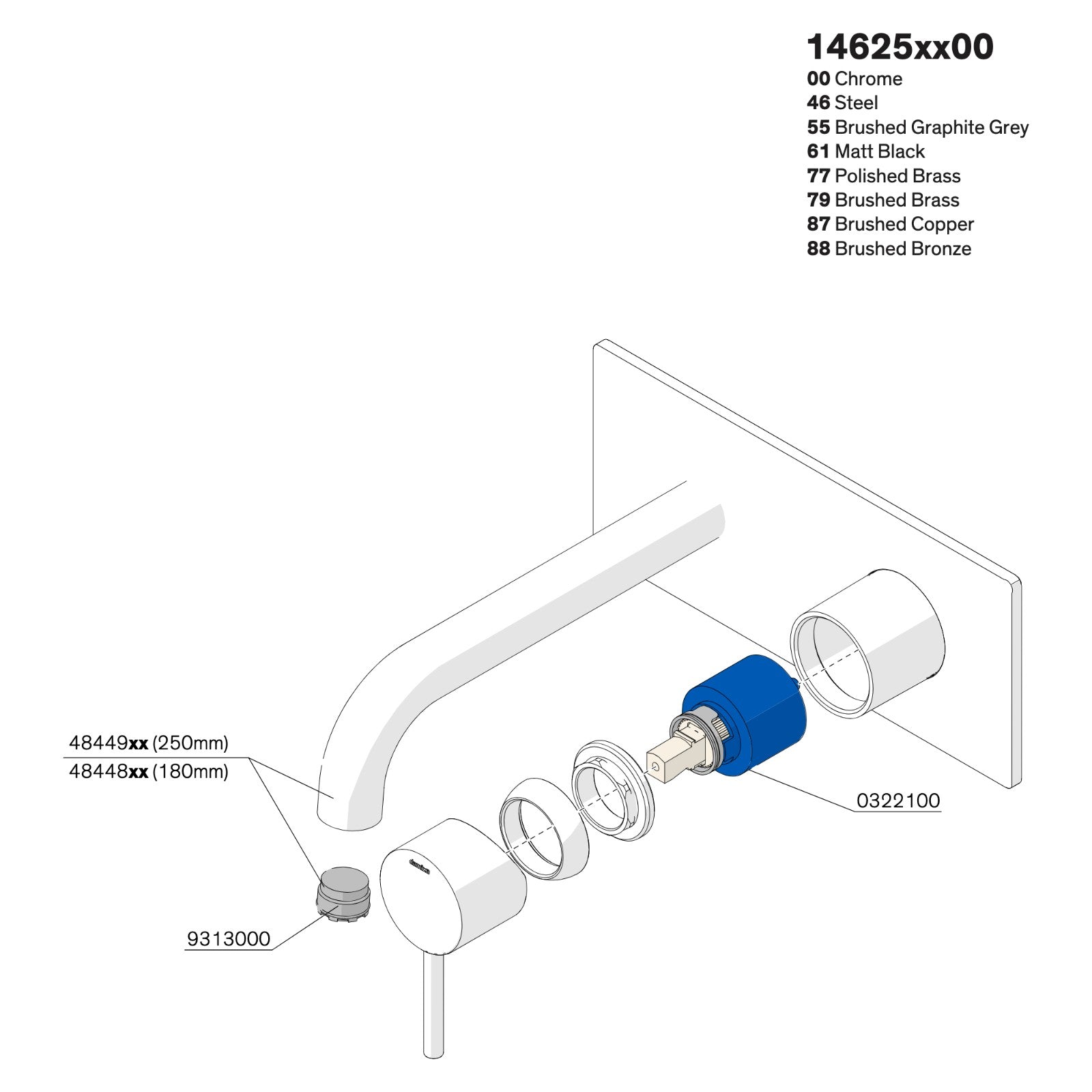 Onderdelentekening Damixa Merkur afbouwset wandmengkraan 180 mm met plaat 14625