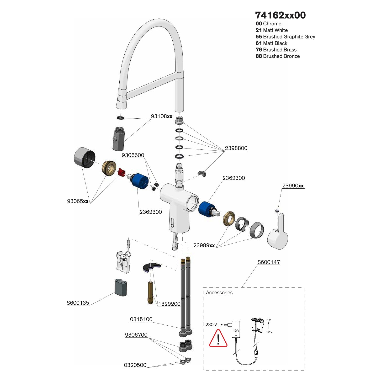 Onderdelentekening Damixa Silhouet touchless Pro keukenmengkraan 74162