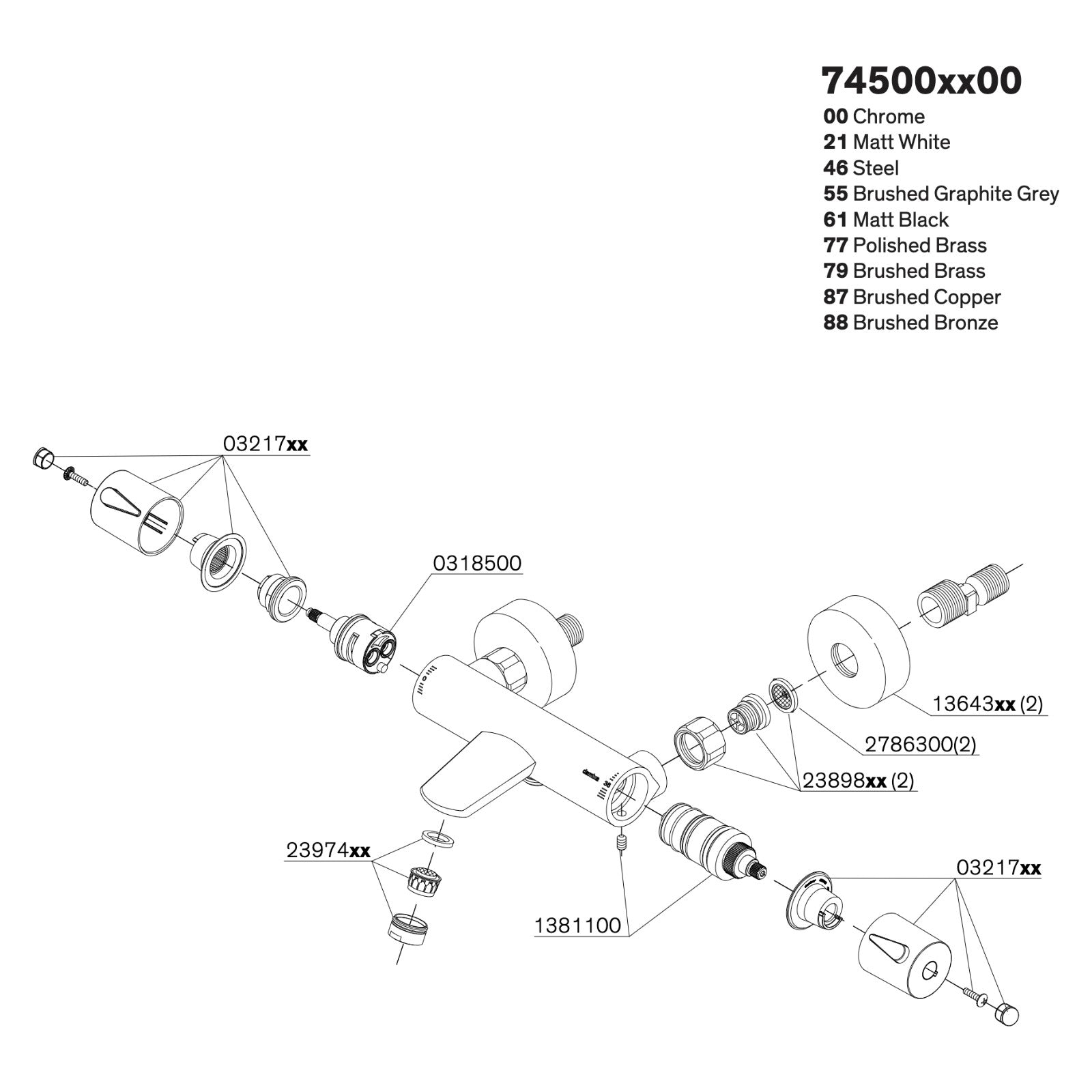 Onderdelentekening Damixa Silhouet thermostatische bad/douchemengkraan 74500