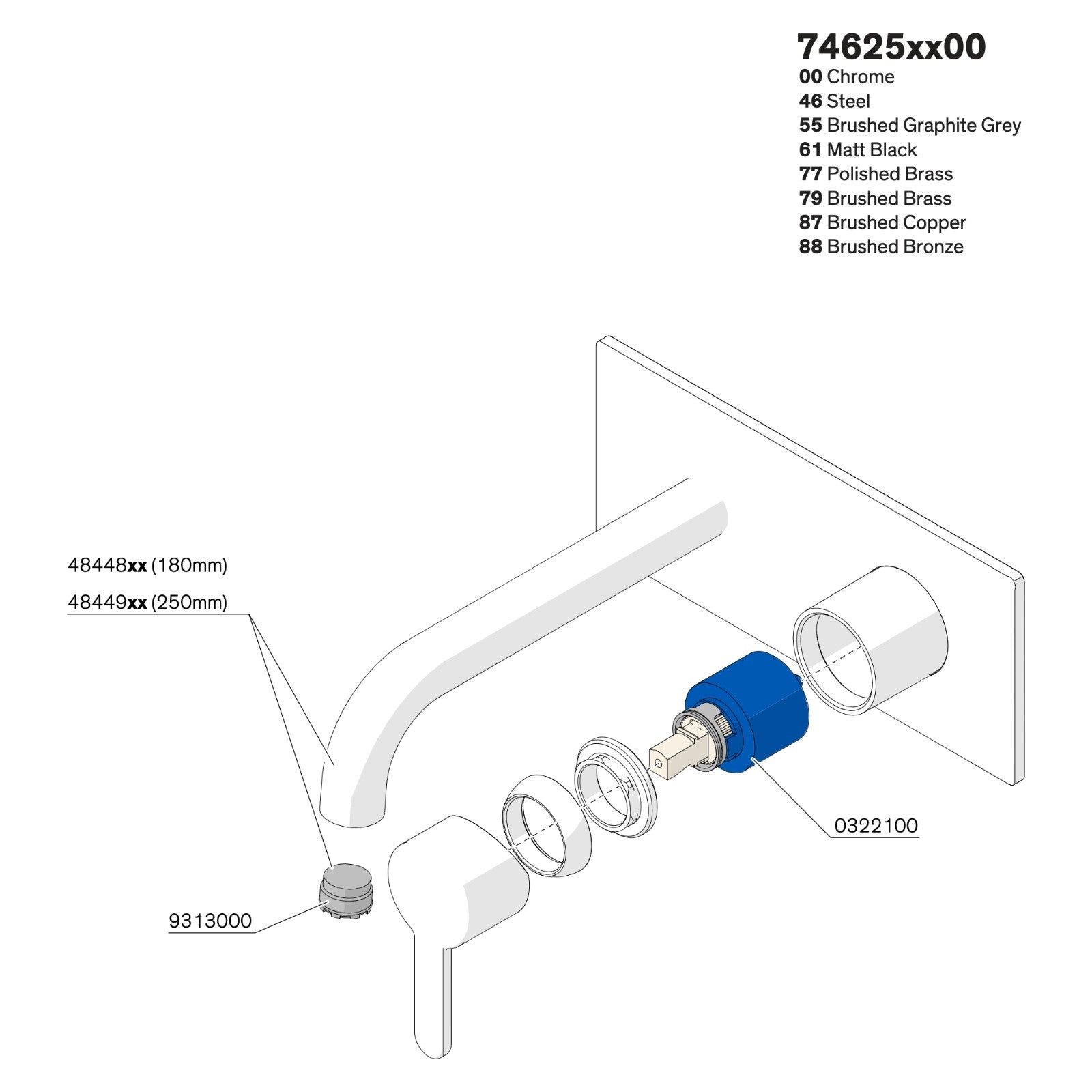 Onderdelentekening Damixa Silhouet afbouwset wandmengkraan 180 mm met plaat 74625