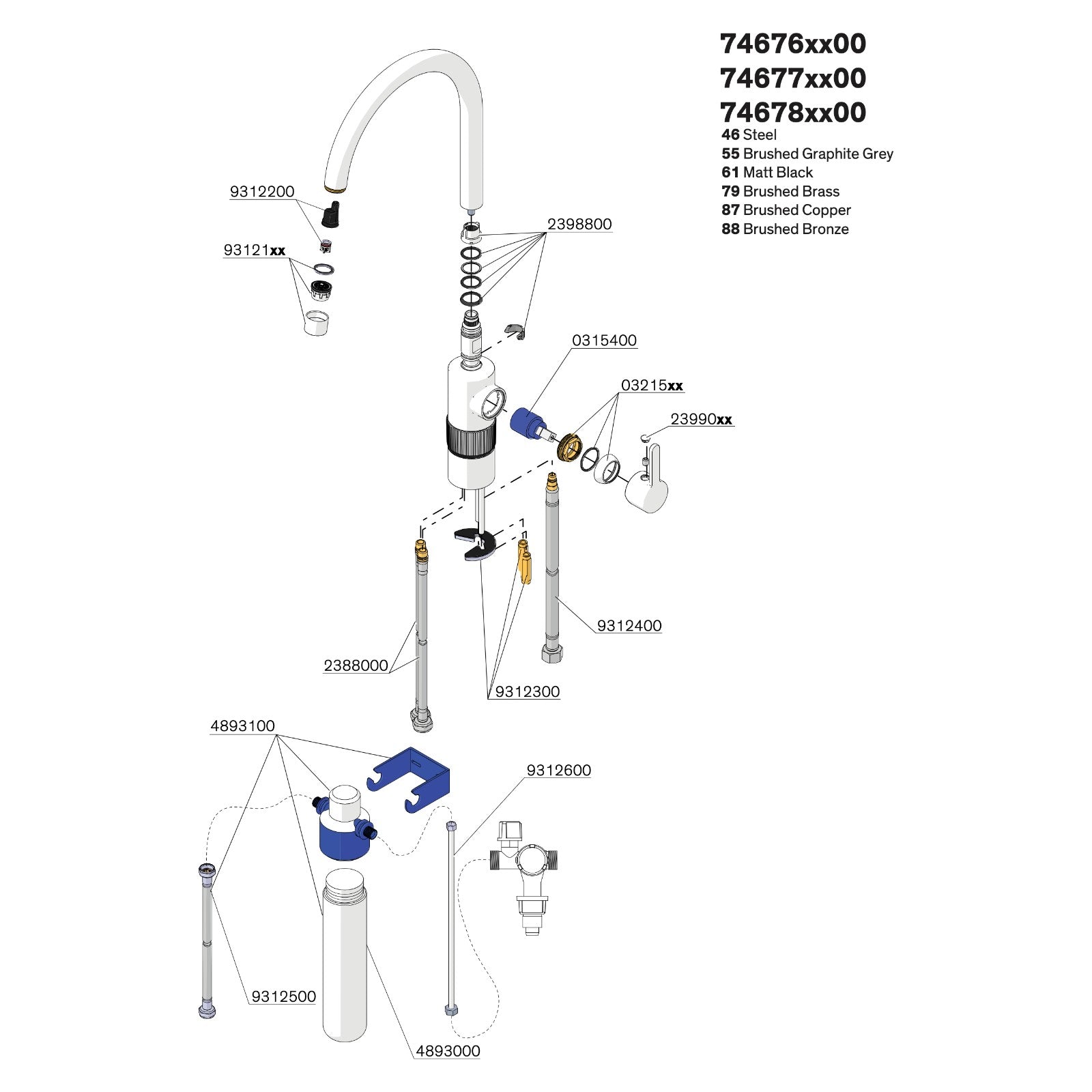 Onderdelentekening Damixa Silhouet Instant 4 kokendwaterkraan 74676 / 74677 / 74678