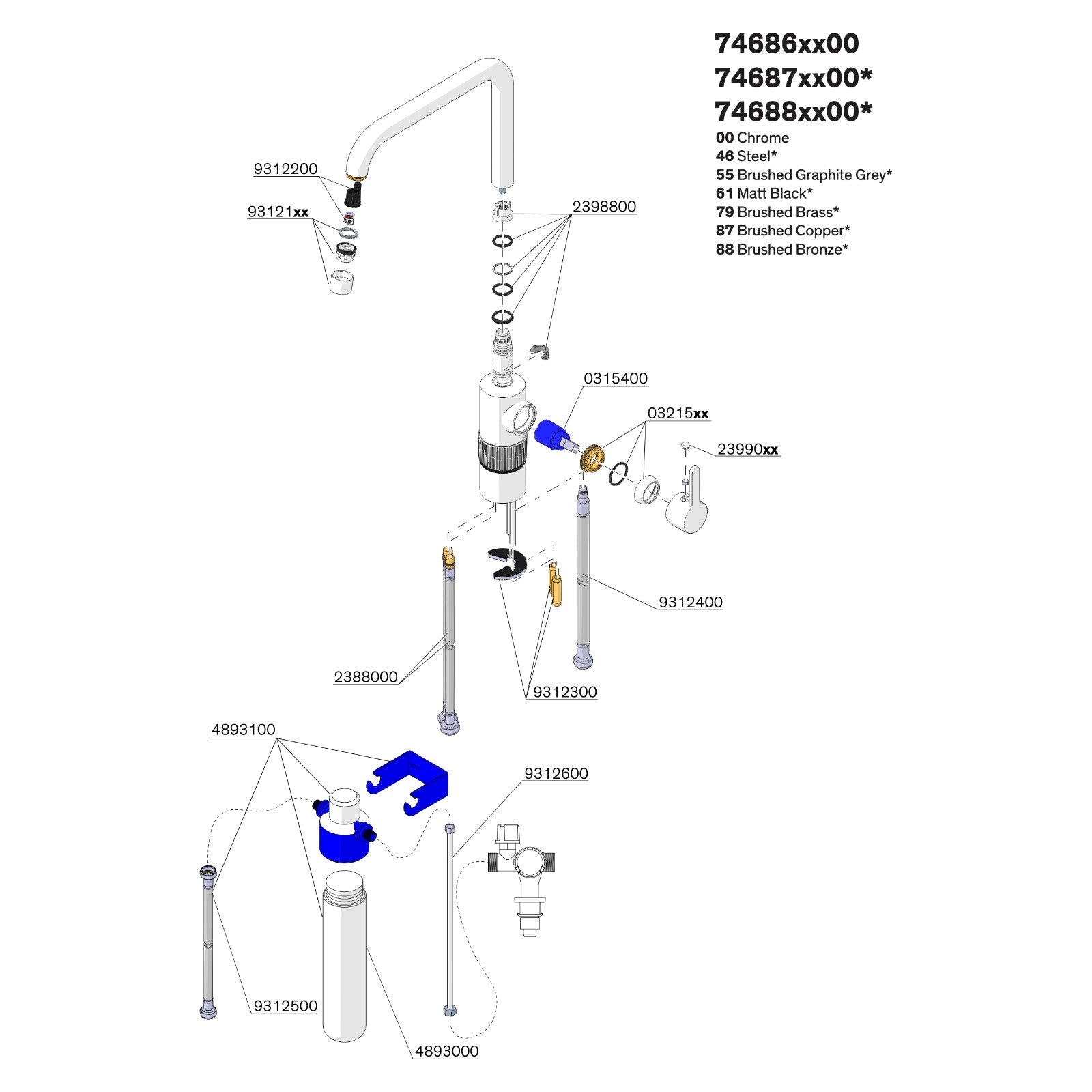 Onderdelentekening Damixa Silhouet Instant 4 kokendwaterkraan met L-uitloop 74686 / 74687 / 74688