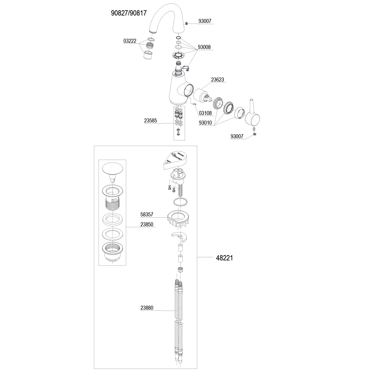 Damixa onderdelen Bell 1-greeps wastafelmengkraan 1-greeps c-uitloop z. waste 9081700