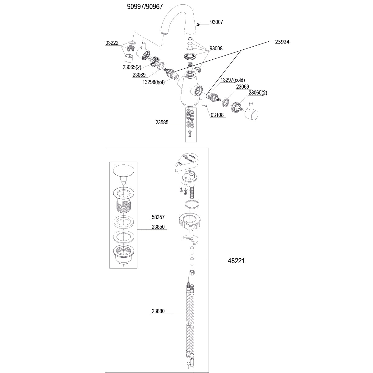Damixa onderdelen Bell 2-greeps wastafelmengkraan 1-greeps c-uitloop z. waste 9096700