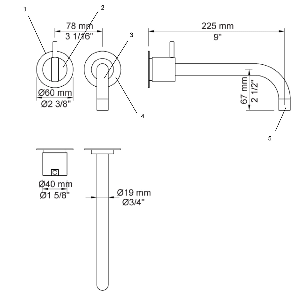VOLA Afbouwset tbv 100 / 100X uitloop 225mm en losse rozetten (na 2020) Art. 121AP(M-L)