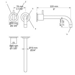 VOLA Afbouwset tbv 100 / 100X uitloop 225mm en losse rozetten (na 2020) Art. 121AP(M-L)