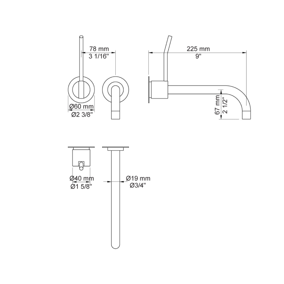 VOLA Afbouwset tbv 100 / 100X uitloop 225mm en losse rozetten (na 2020) Art. 121AP(M-L)