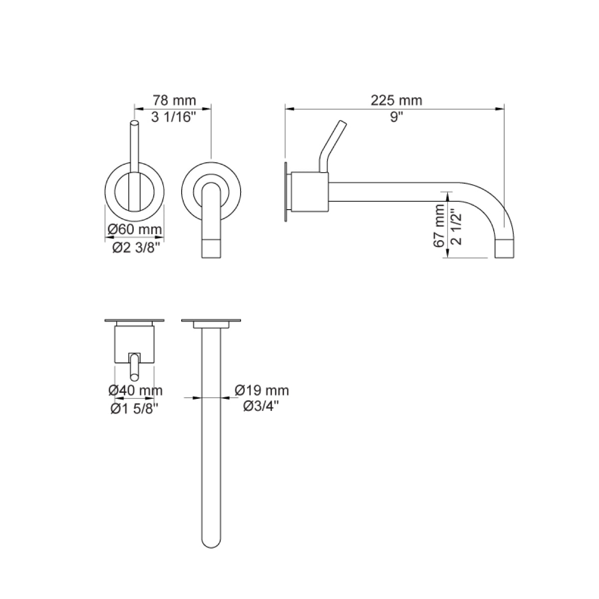 VOLA Afbouwset tbv 100 / 100X uitloop 225mm en losse rozetten (na 2020) Art. 121AP(M-L)