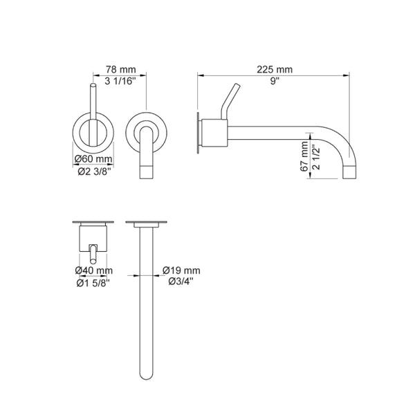 VOLA Afbouwset tbv 100 / 100X uitloop 225mm en losse rozetten (na 2020) Art. 121AP(M-L)