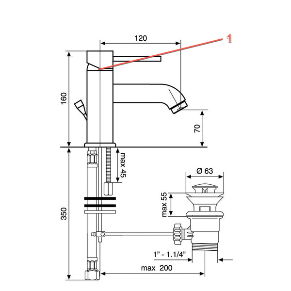 Emmevi Piper Wastafelkraan 1-gats 1-greeps met waste Brushed Nickel
