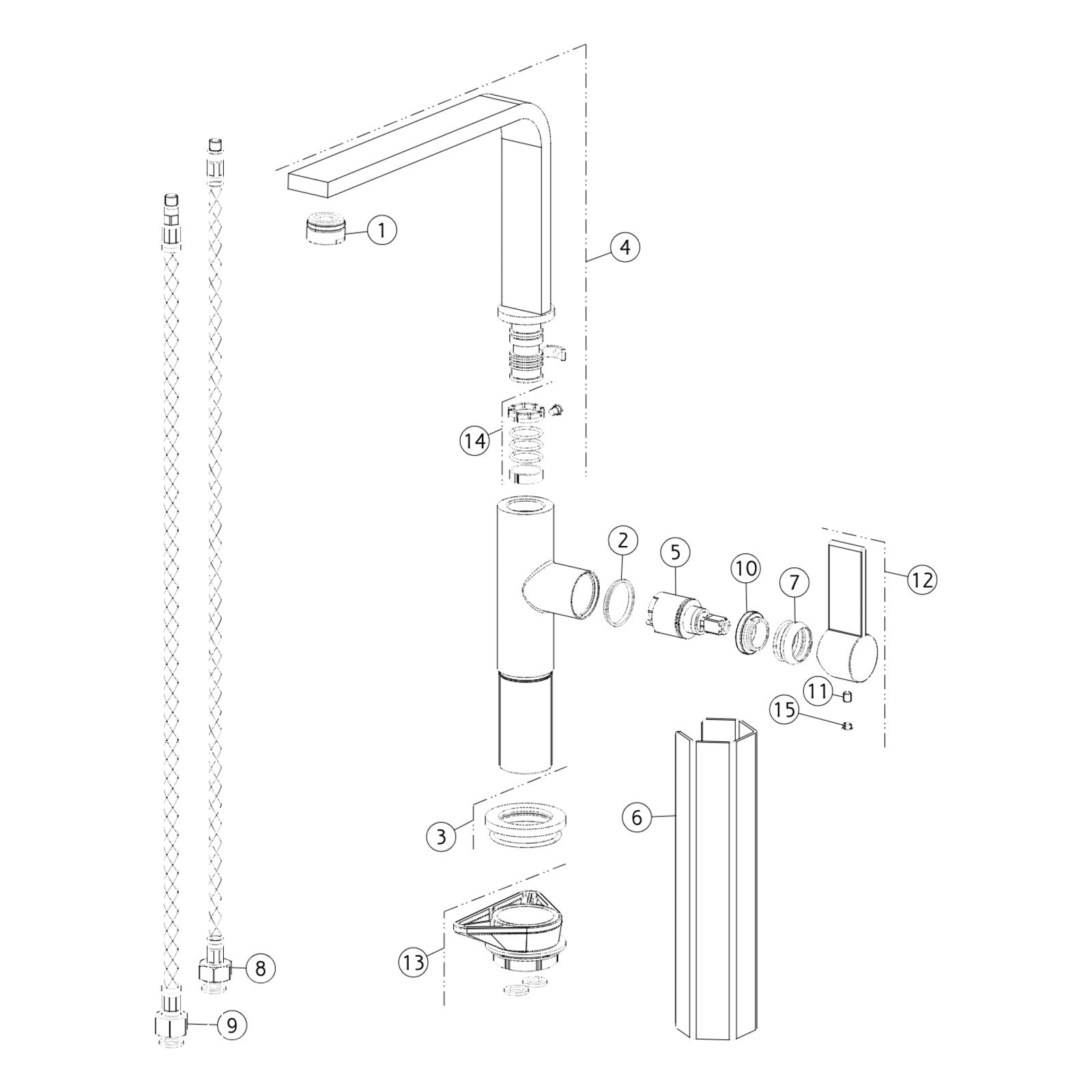 Onderdelentekening Gessi Helium 17015 met positienummers