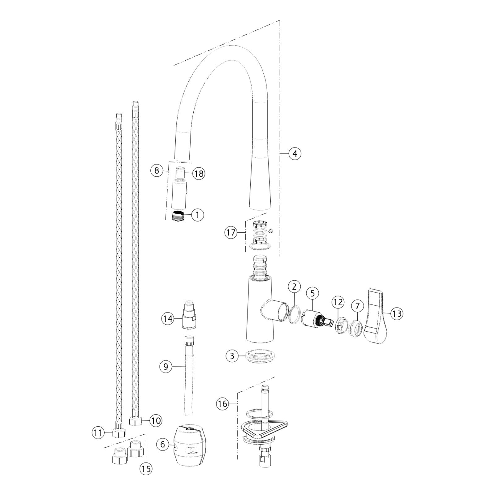 Onderdelentekening Gessi Proton 17153 met positienummers