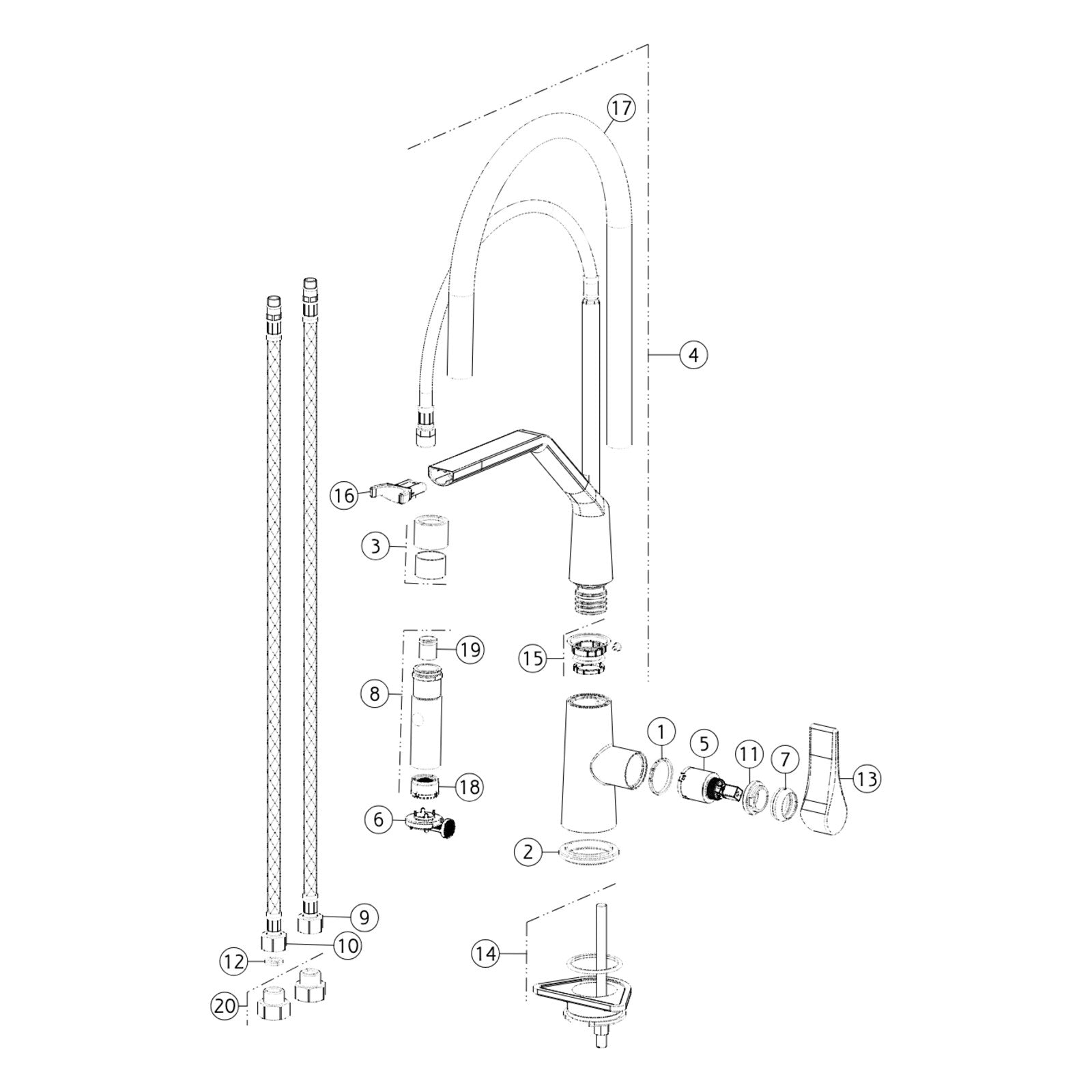 Onderdelentekening Gessi Proton 17191 met positienummers