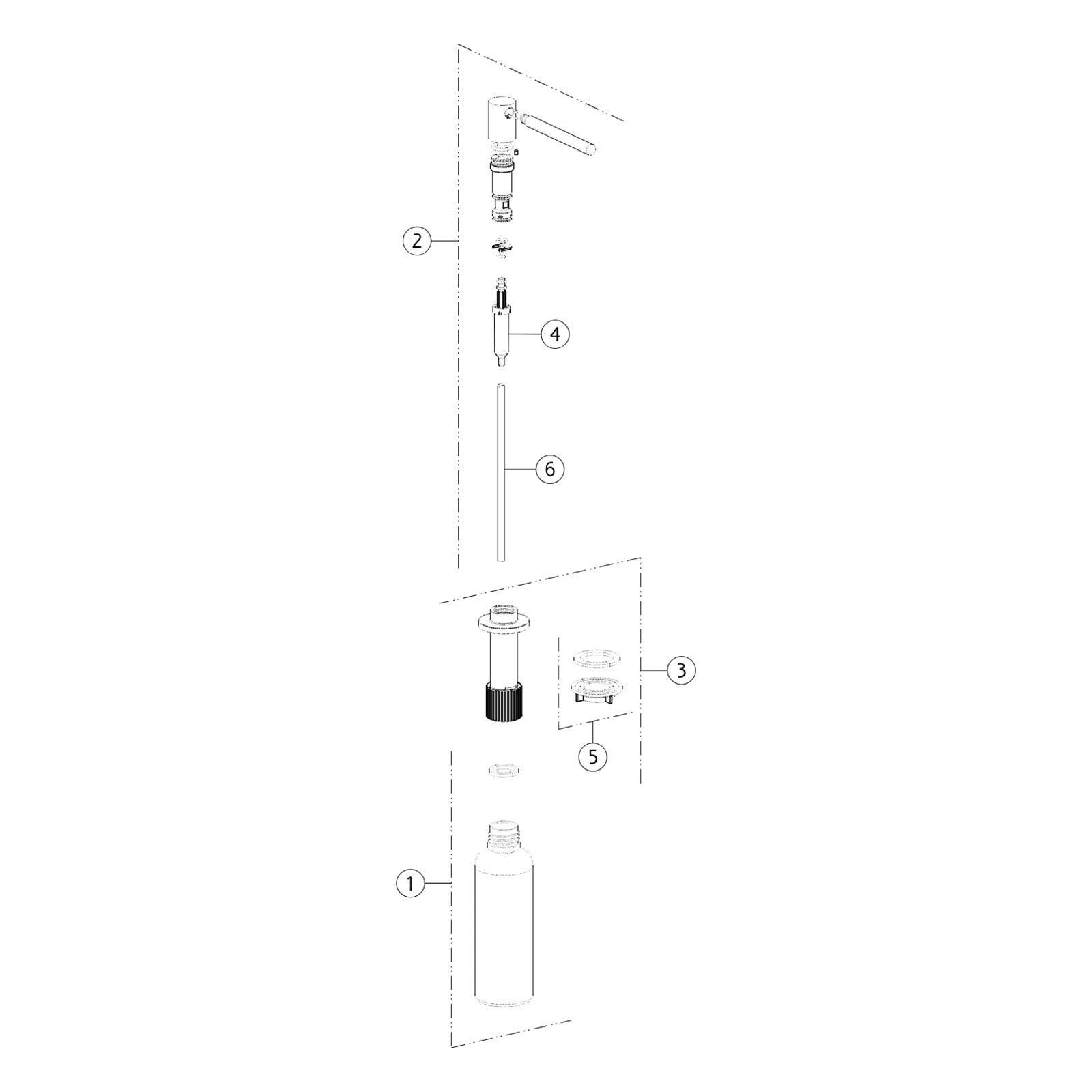 Onderdelentekening Gessi zeepdispenser 29658 met positienummers