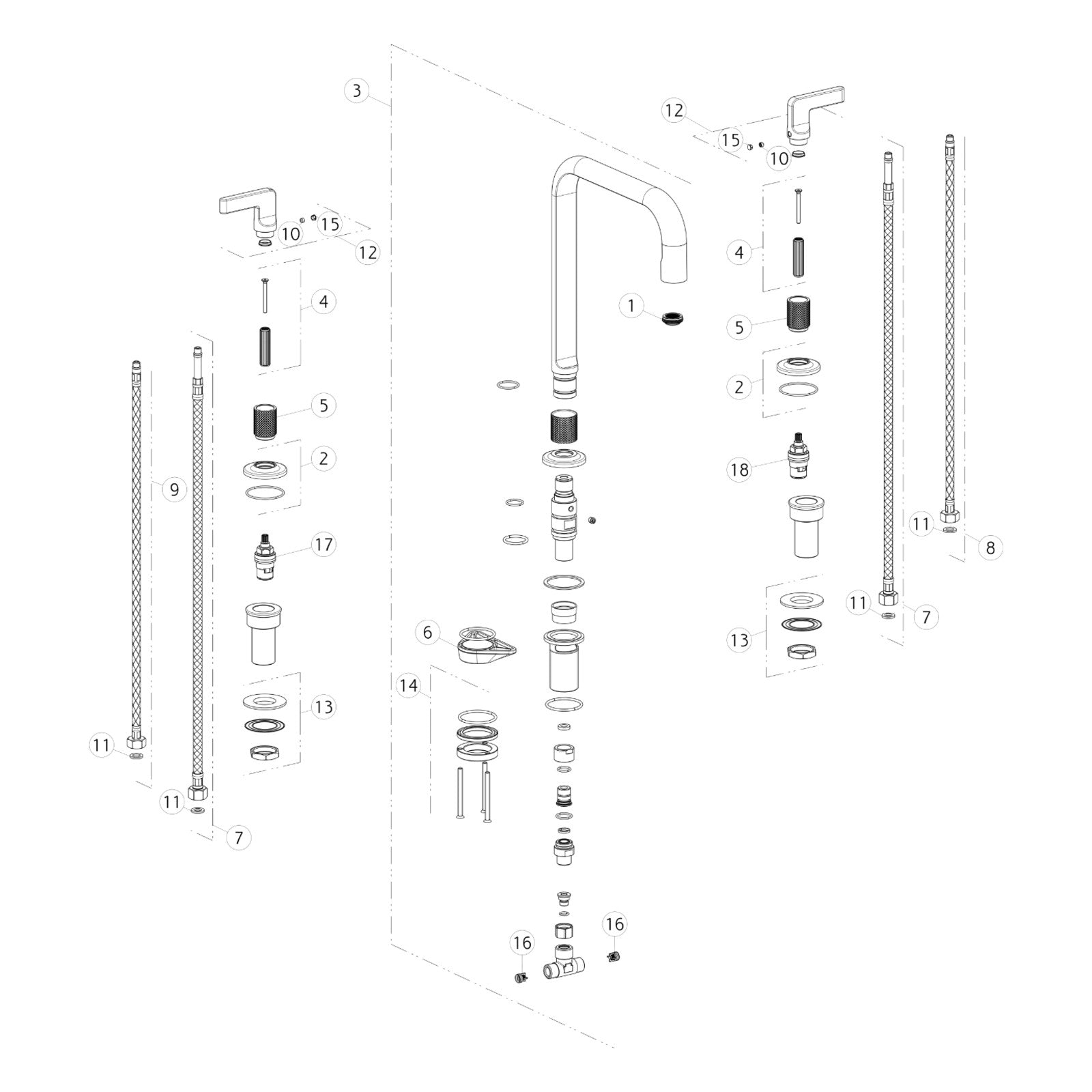 Onderdelentekening Gessi Inciso 58701 met positienummers