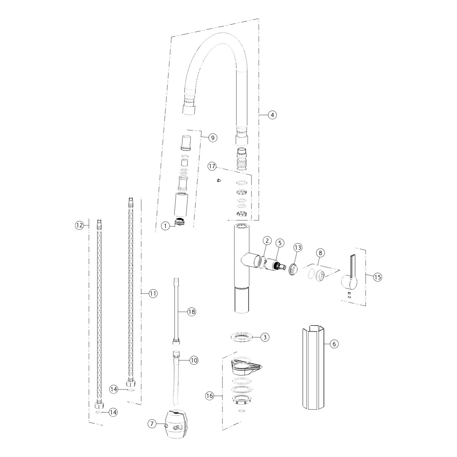 Onderdelentekening Gessi Mesh 60003 met positienummers