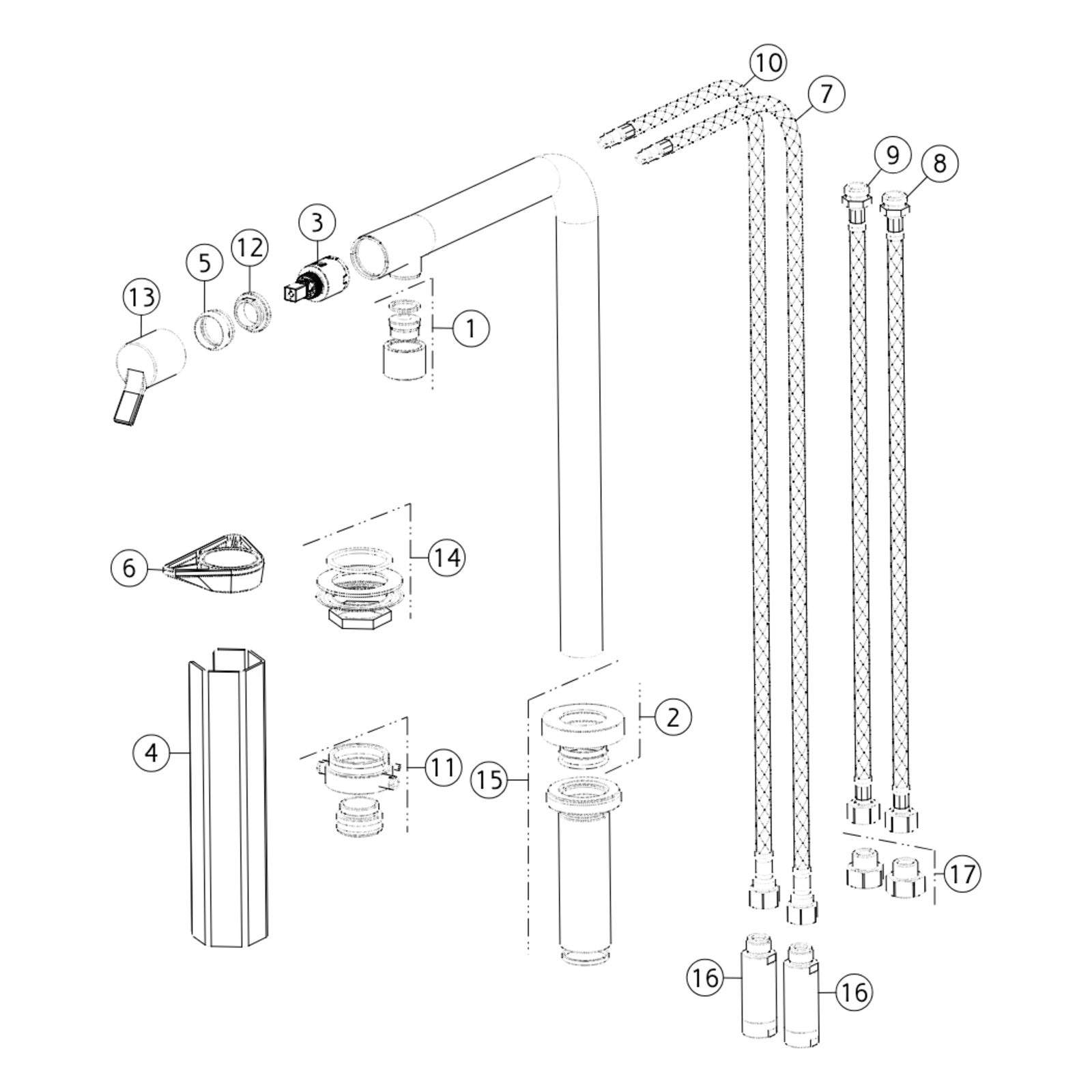 Onderdelentekening Gessi Su&Giù 60071 met positienummers