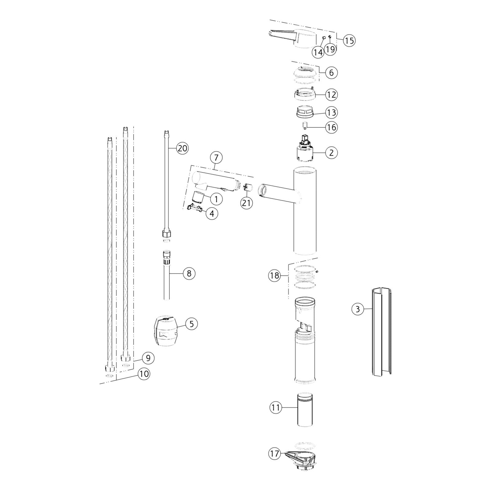 Onderdelentekening Gessi Thalium 60536 met positienummers