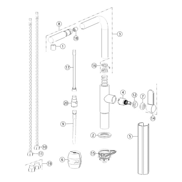 Onderdelentekening Gessi Acciaio 60537 met positienummers