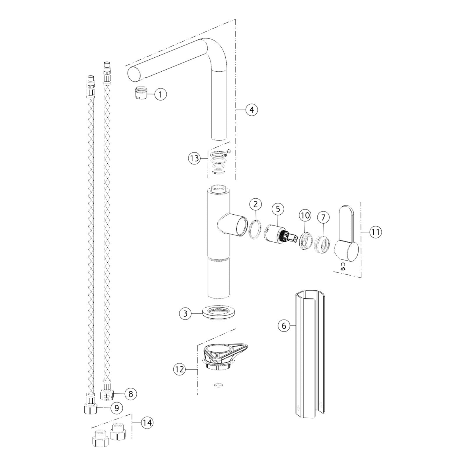 Onderdelentekening Gessi Acciaio 60538 met positienummers
