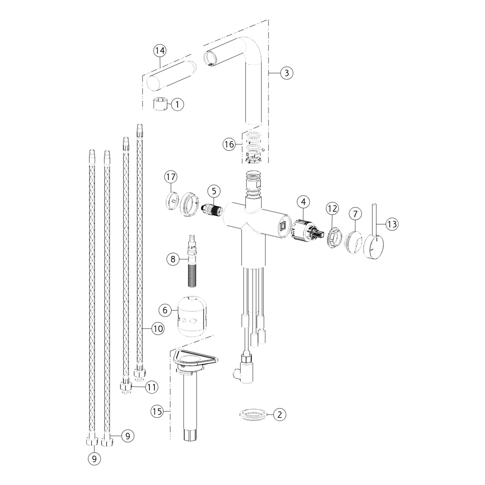 Onderdelentekening Gessi Inedito Filtered 60572 met positienummers