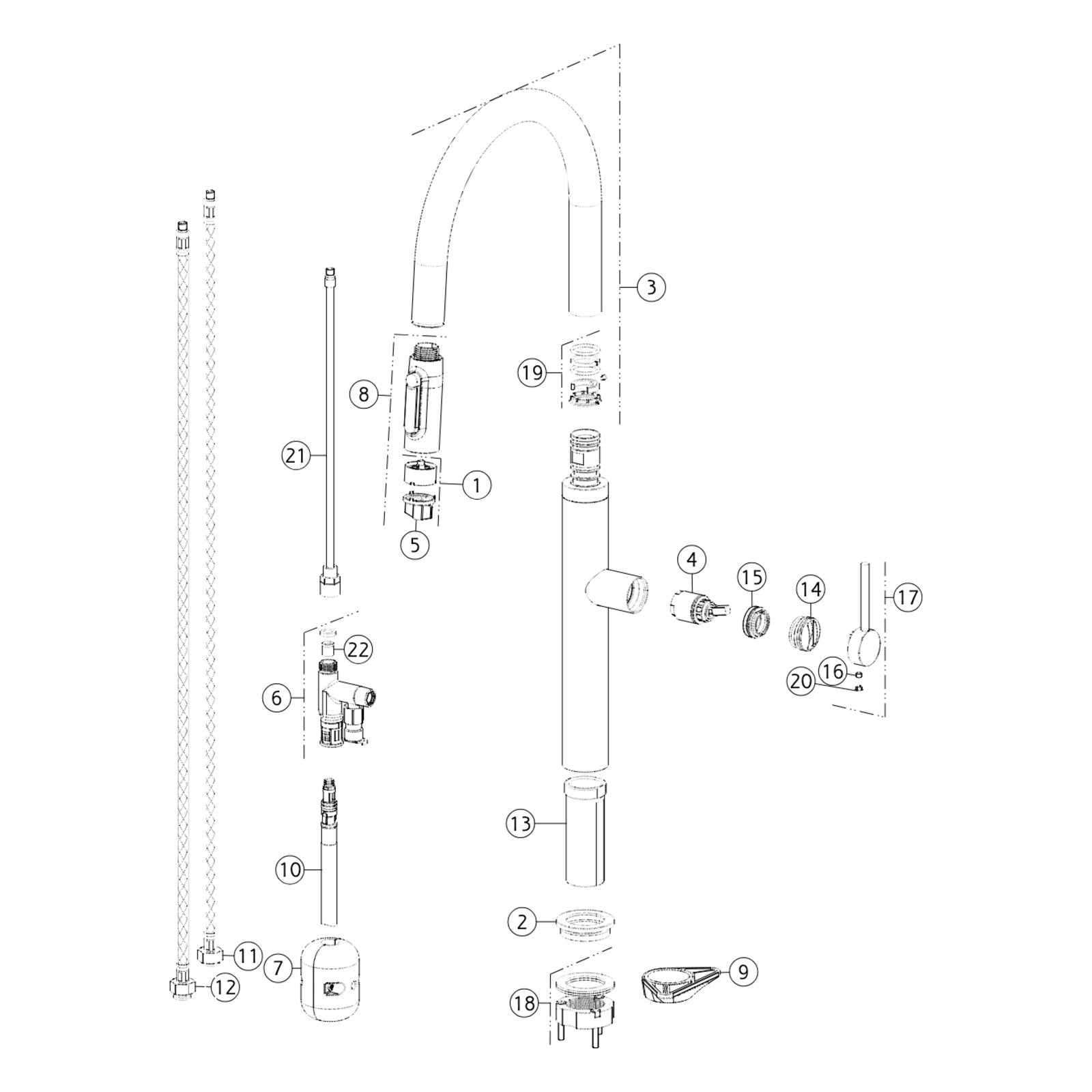 Onderdelentekening Gessi 316 Filtered 60822 met positienummers
