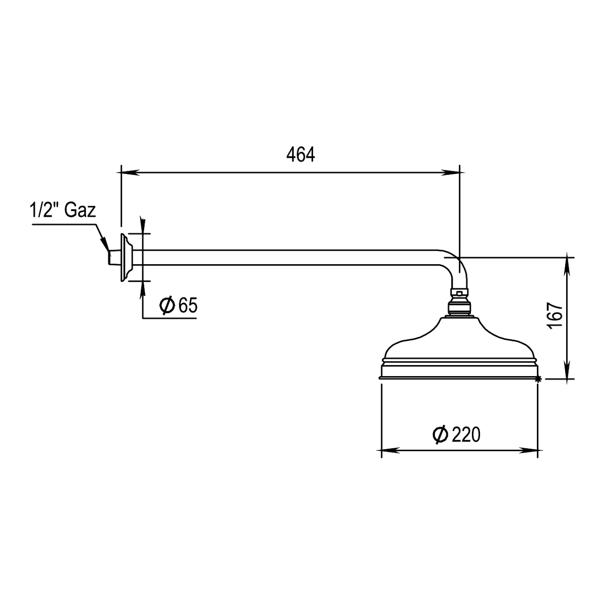 Horus hoofddouche Ø220 mm met wandarm 464 mm