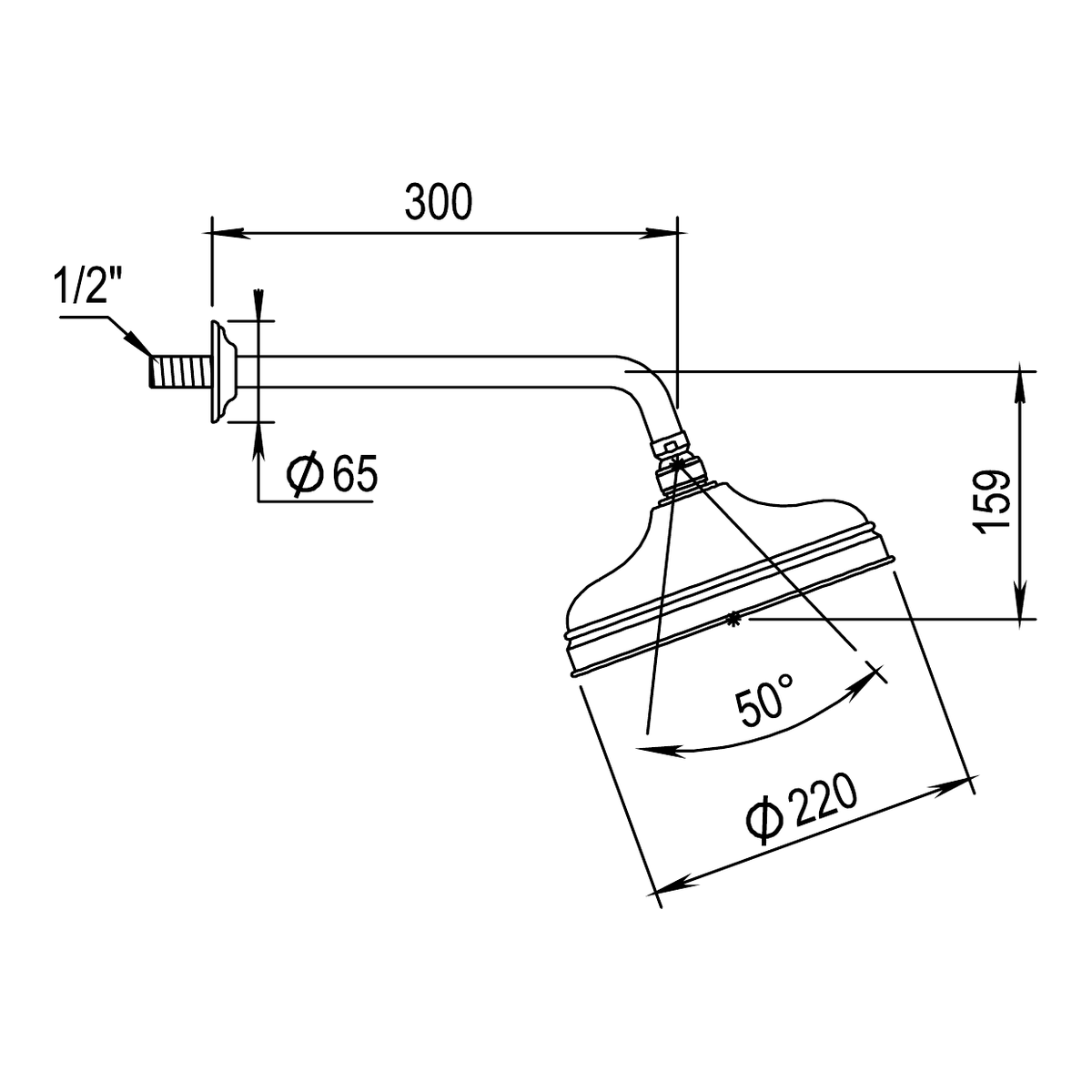 Horus hoofddouche Ø220 mm met wandarm 300 mm