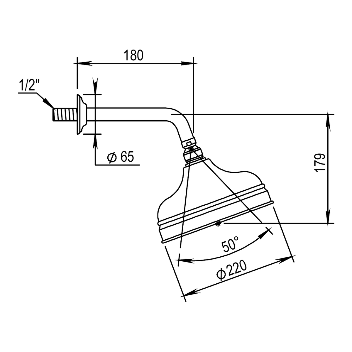 Horus hoofddouche Ø220 mm met wandarm 180 mm (Speciale Kleuren)