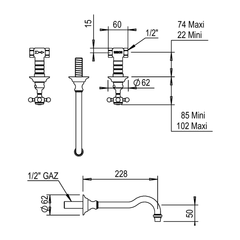 Horus Julia 3-gats inbouw wastafelmengkraan met kruisgrepen, uitloop 228 mm