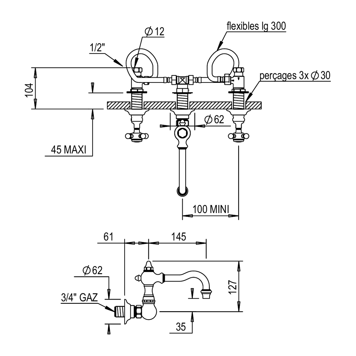 Horus Julia 3-gats wand wastafelmengkraan met kruisgrepen, opbouw, uitloop 145 mm (Speciale Kleuren)