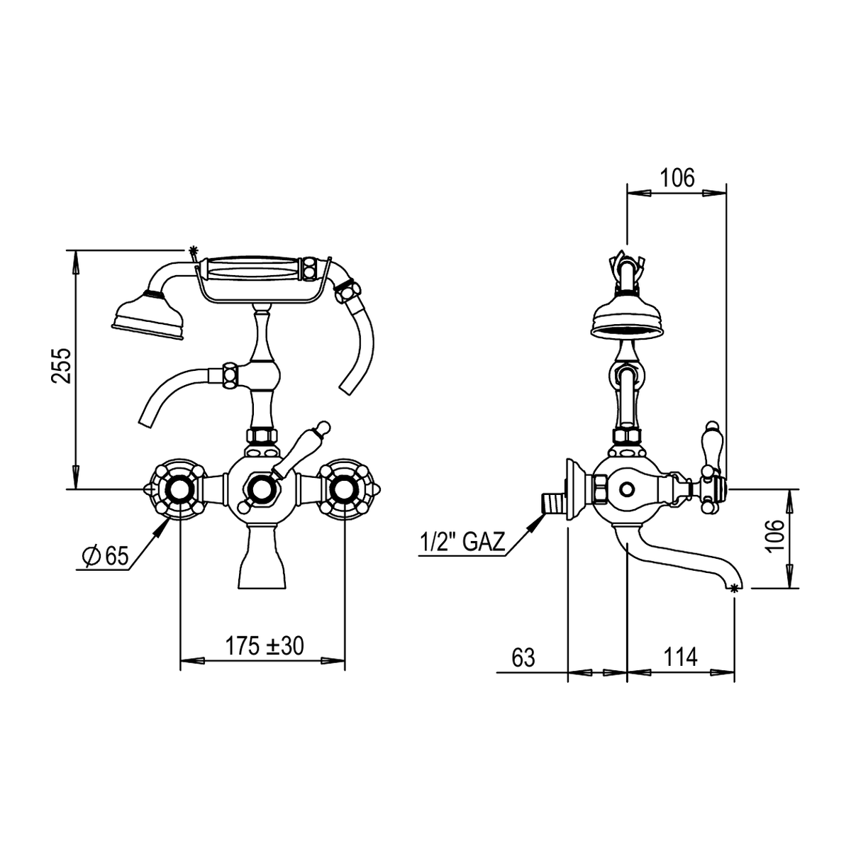 Horus Victoria wand badmengkraan met porseleinen hendels en handdouche, hartafstand 175 mm